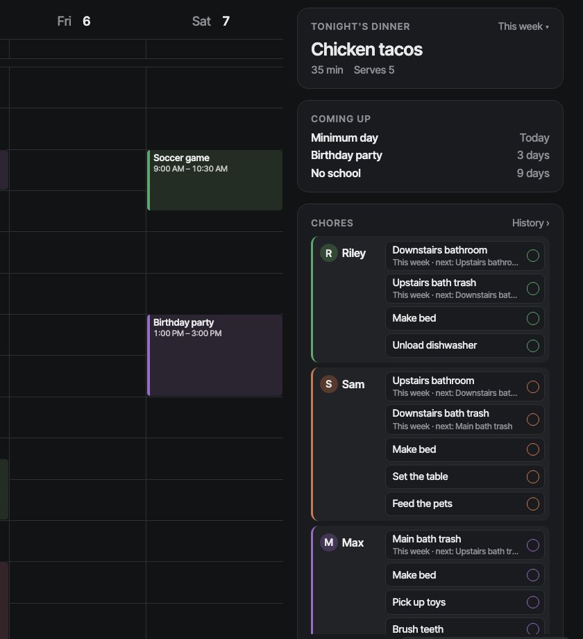Close-up of the right column: tonight's dinner, upcoming countdowns and each kid's chores with weekly rotating tasks