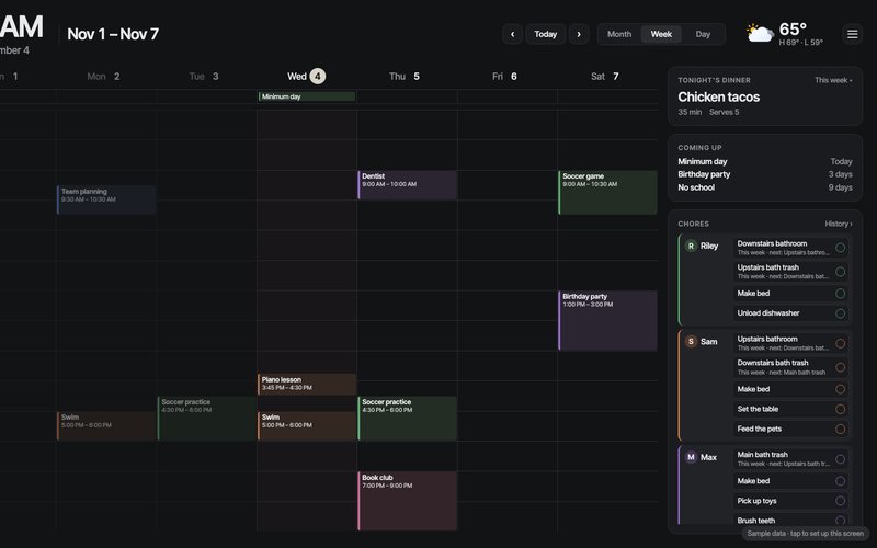 Family Wall touchscreen showing a week calendar, tonight's dinner and a chore list for each kid.