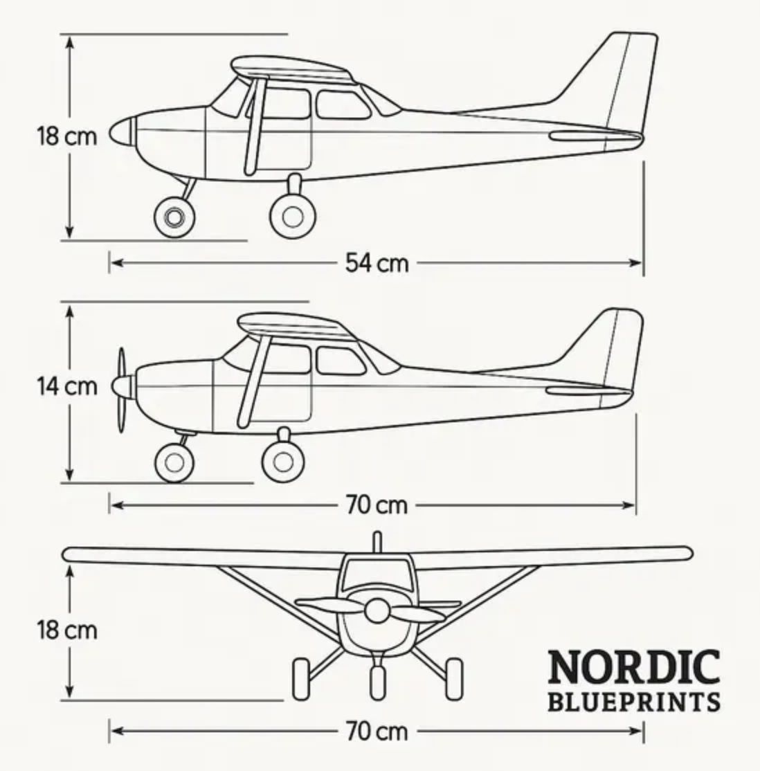 Three-view reference drawing of a light aircraft