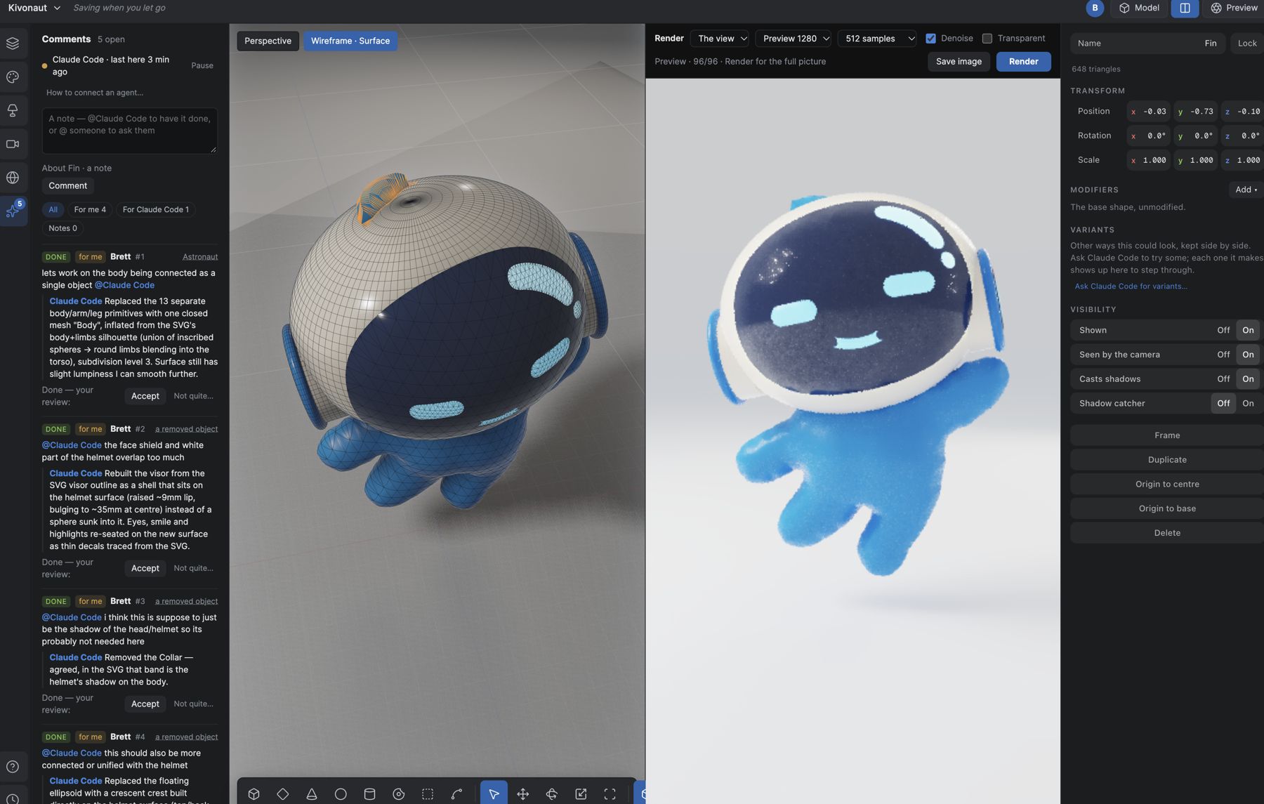 Comments panel full of resolved threads next to a wireframe character and its path-traced preview