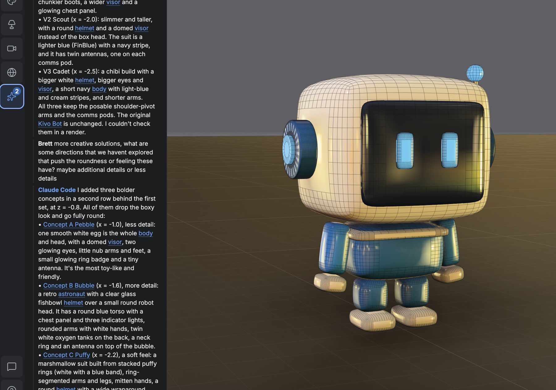 Agent reply describing three rounder mascot concepts next to a wireframe robot character