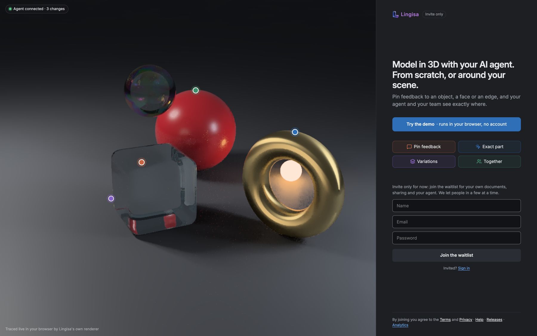 The Lingisa welcome page: a red lacquered sphere, gold ring, ice cube and soap bubble path-traced live, with comment pins, next to a sign-up column
