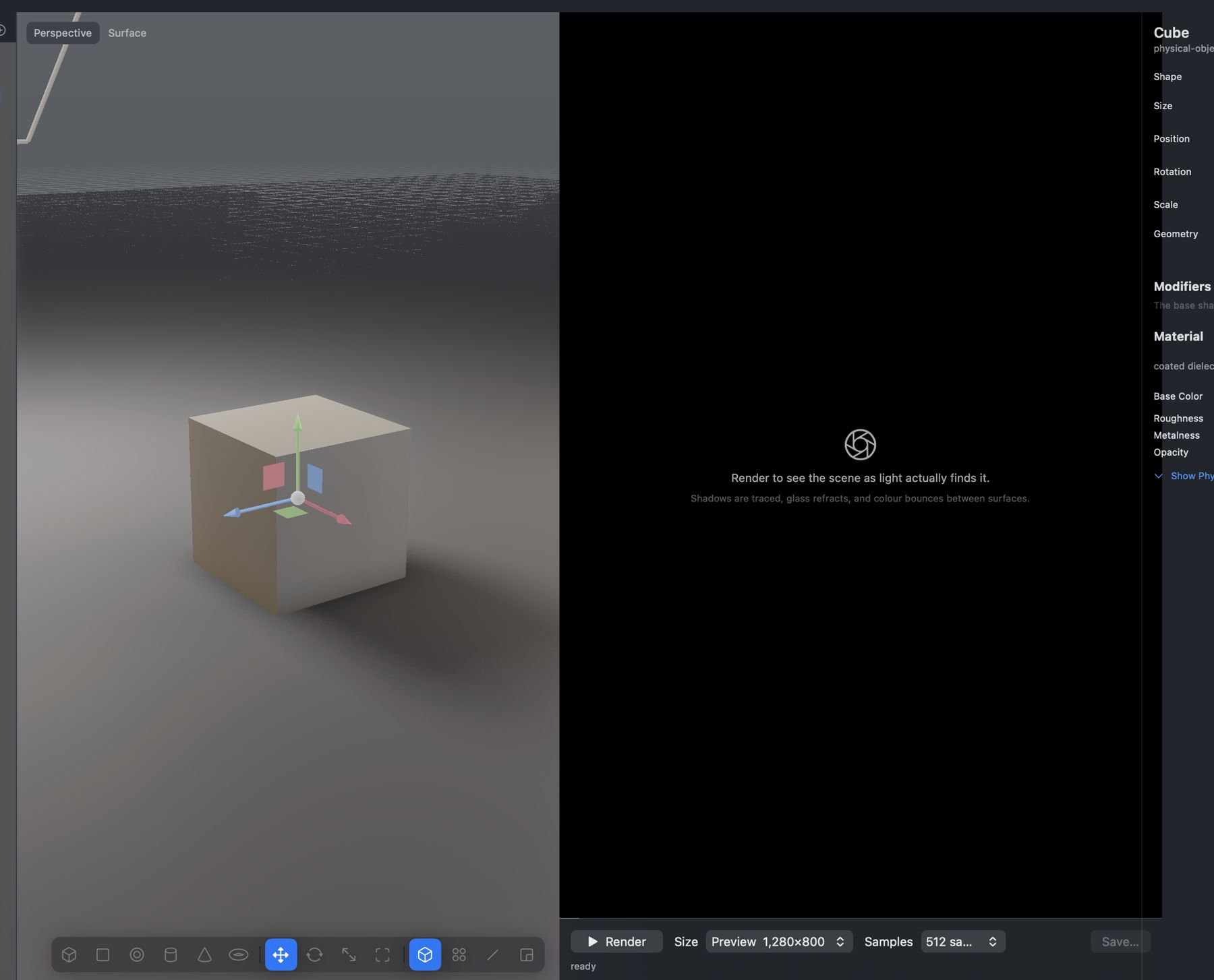 Early dark-mode Mac app with a floating bottom toolbar and an empty render pane reading: Render to see the scene as light actually finds it