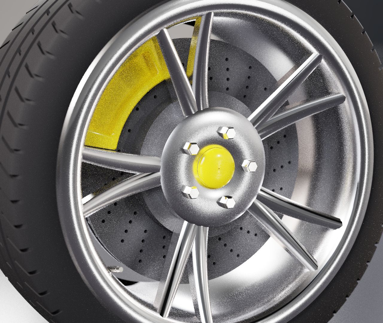 Rendered sports car wheel with a yellow brake caliper