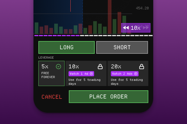 Trader Rush game showing a candlestick chart with trading controls and playback speed options.